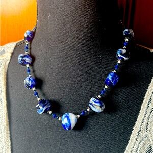 Blue & White Lampwork Glass Bead Necklace – Swirled Handmade Statement Jewelry